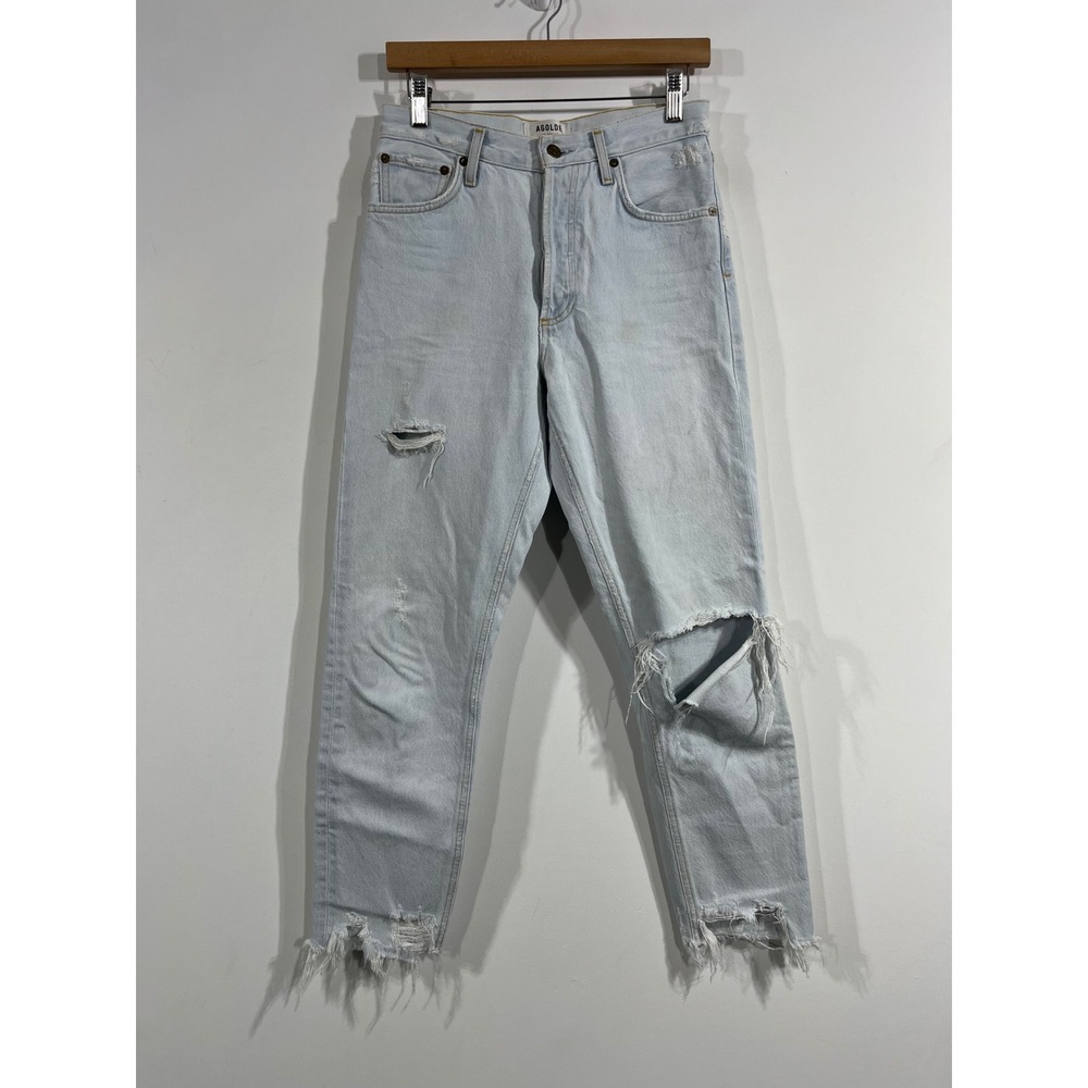 AGOLDE Jamie High Rise Classic Straight Leg Distressed Jeans Light Wash 27 Boho